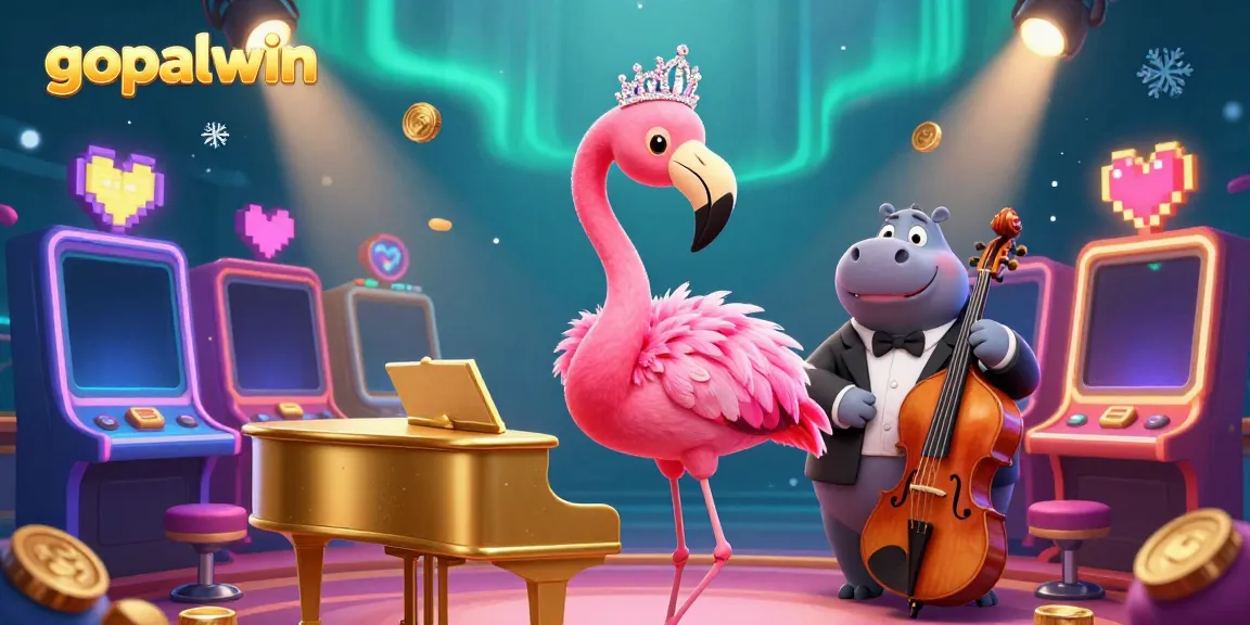 Join the vibrant 3D gaming scene with gopalwin, featuring a flamingo singer and hippo bassist under dazzling lights.