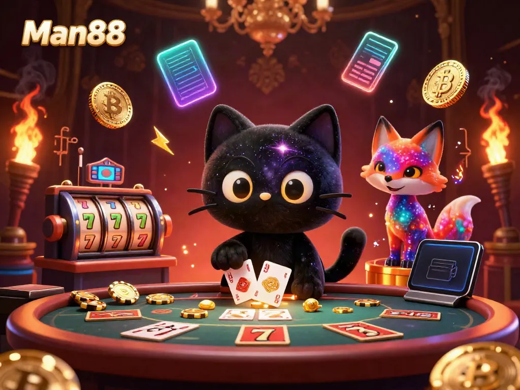 Engaging gameplay at Man88 with a cartoon black hole cat and vibrant cosmic elements in a live casino setting.