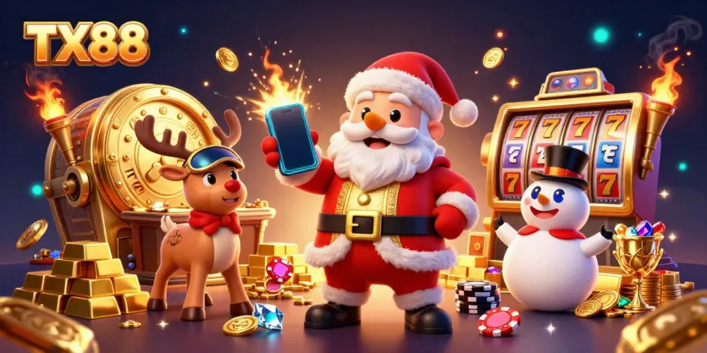 Experience exhilarating slots with TX88; Santa and friends celebrate big wins in a vibrant casino.