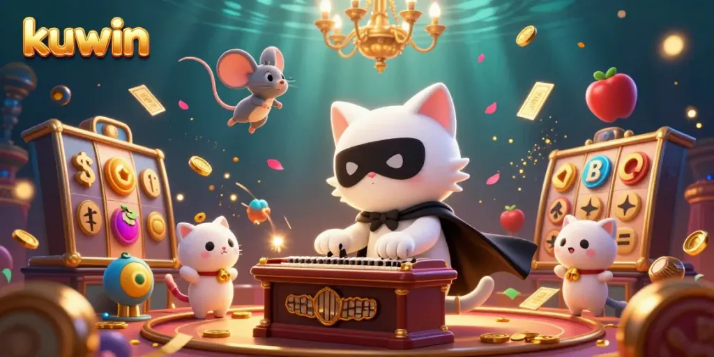 Kuwin casino's vibrant gaming atmosphere illustrated with a masked cat playing organ and dynamic elements.