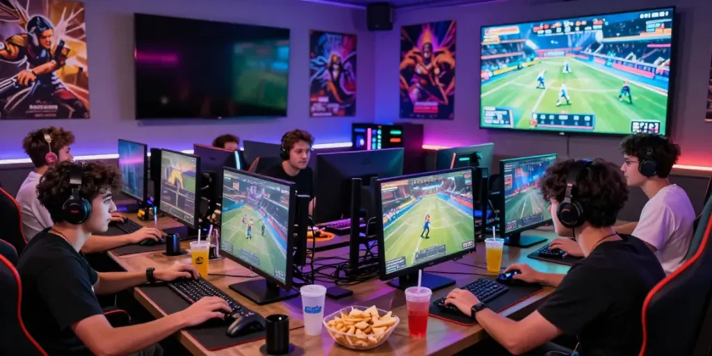 Friends engaging in a competitive gaming session at hitclub with vibrant lighting and snacks.