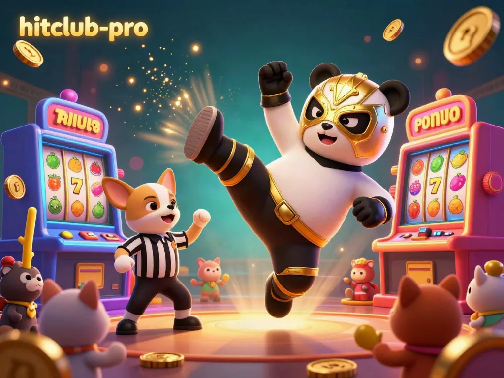 Hitclub-pro showcases a thrilling scene with a wrestler panda and referee chihuahua in a vibrant casino.