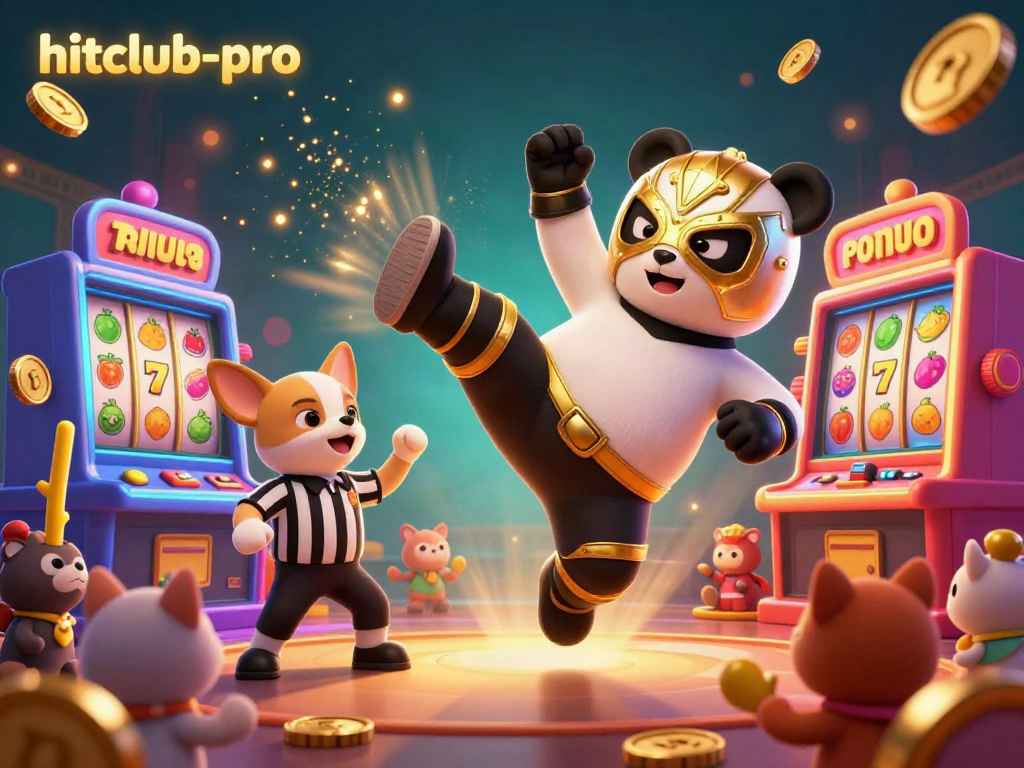 Hitclub-pro showcases a thrilling scene with a wrestler panda and referee chihuahua in a vibrant casino.