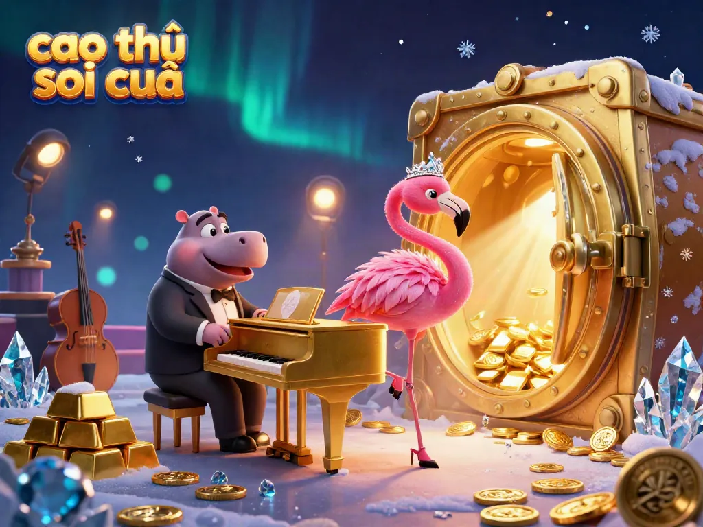 Cao thủ soi cầu vibrant 3D illustration with a flamingo singer and hippo bassist in a glamorous casino scene.