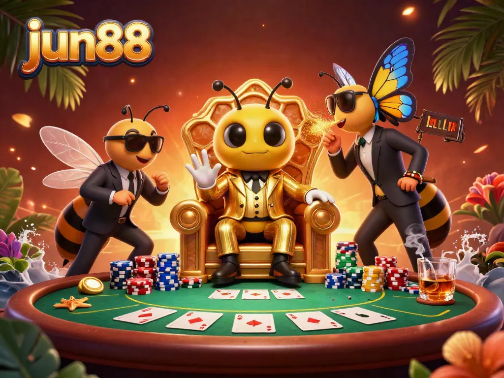 Engage in thrilling poker action at jun88 with a bumblebee mob boss and lavish casino elements.