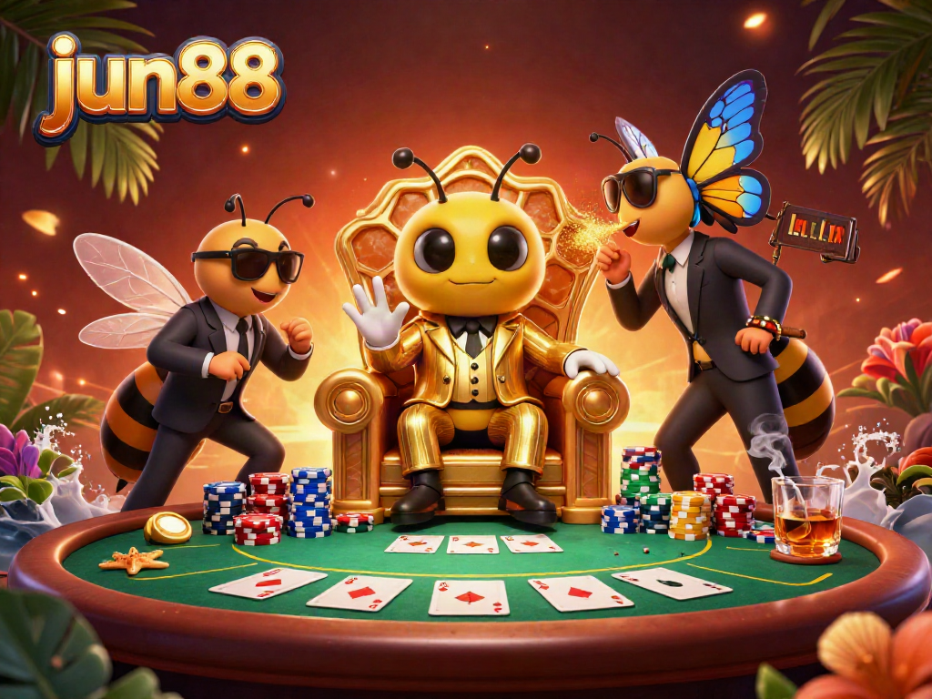 Engage in thrilling poker action at jun88 with a bumblebee mob boss and lavish casino elements.
