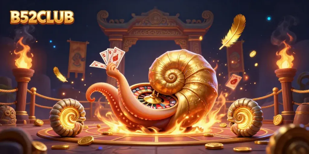 B52CLUB showcases an enchanting gambling scene with a nautilus roulette wheel and shining companions.