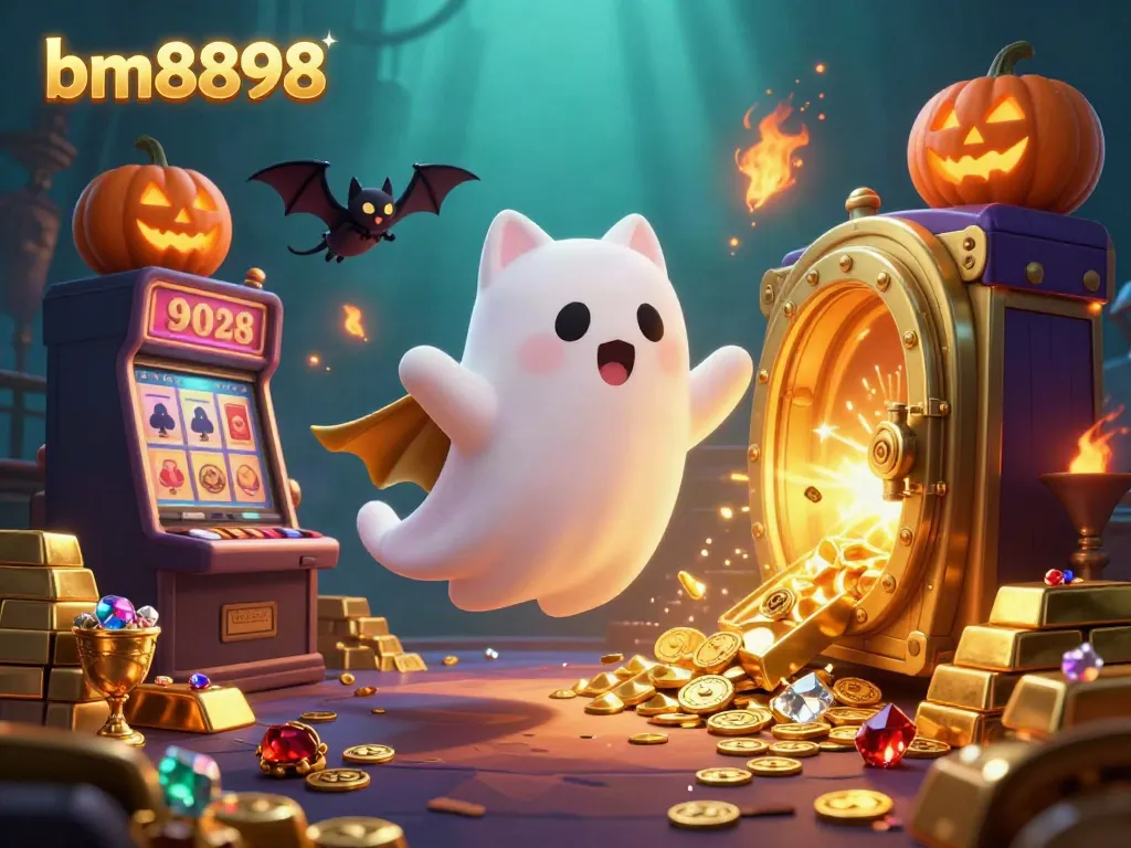 Engage with bm8898's haunted casino illustration featuring a ghost cat, treasure vault, and sparkling gems.
