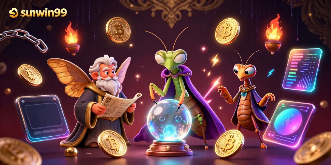 Experience sunwin99's vibrant casino adventure with a mystical fortune teller and blockchain elements.
