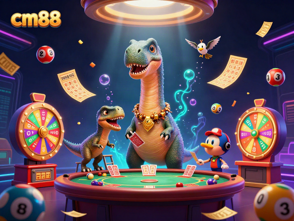 Engage with cm88's vibrant casino scene featuring dynamic characters and lottery elements.