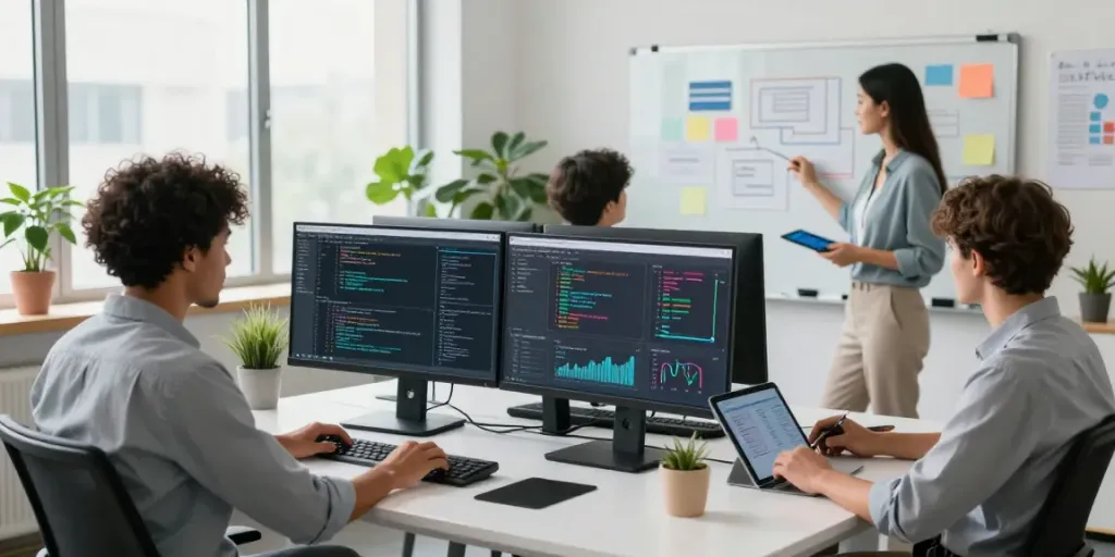 Collaboration at istana404 in a modern office space with coding screens and project presentations.