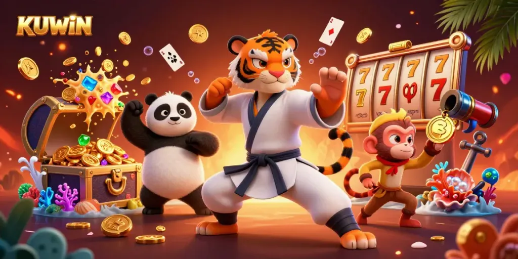 Engage with the exciting world of KUWIN as a kung fu tiger and panda disciple showcase their skills amidst scattered slot reels, colorful gems, and treasure.