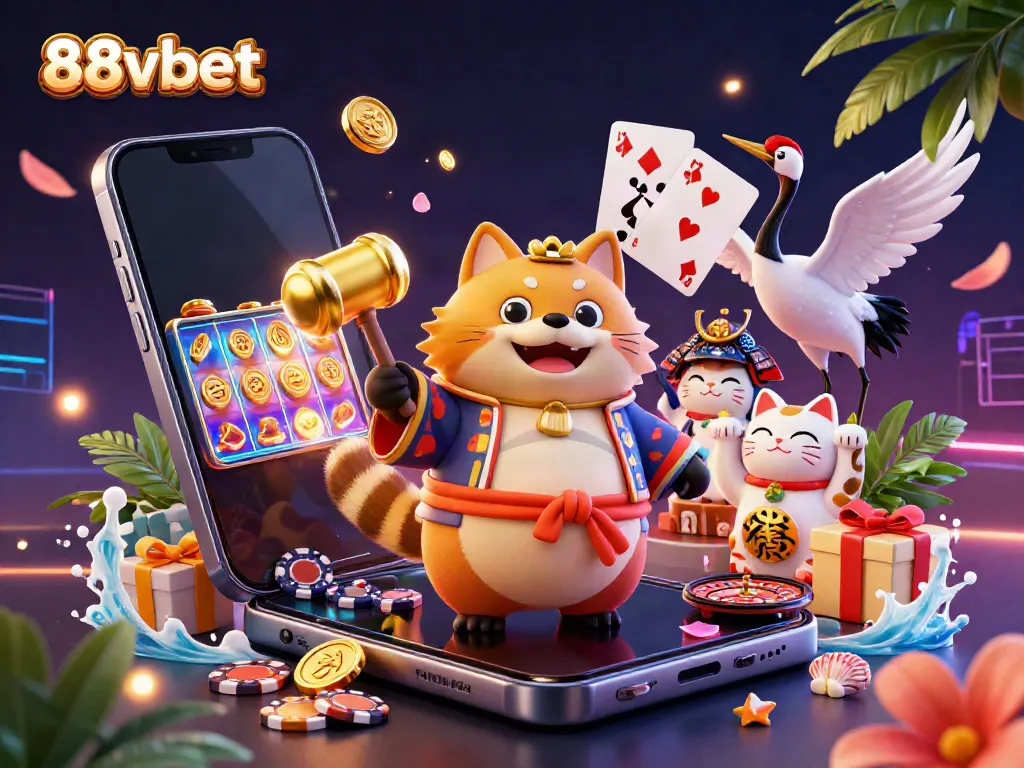 Experience dynamic gaming excitement with 88vbet's vibrant 3D illustration featuring lucky symbols and rewards.