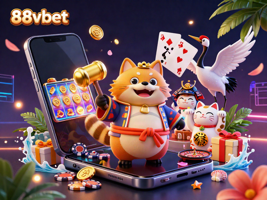 Experience dynamic gaming excitement with 88vbet's vibrant 3D illustration featuring lucky symbols and rewards.