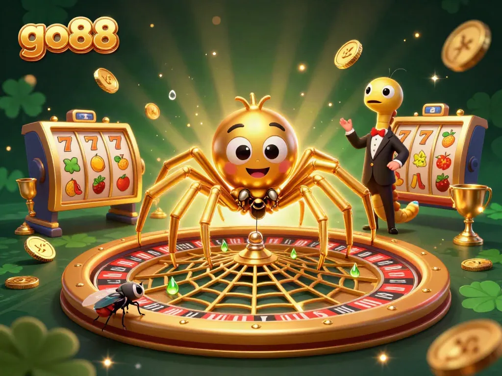 Enjoy the excitement at go88 with a golden roulette inspired scene featuring a spider and fly in a dazzling casino.