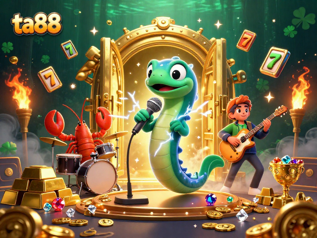 Experience thrilling slots action at ta88 with a DJ electric eel and lobster drummer on an underwater stage.