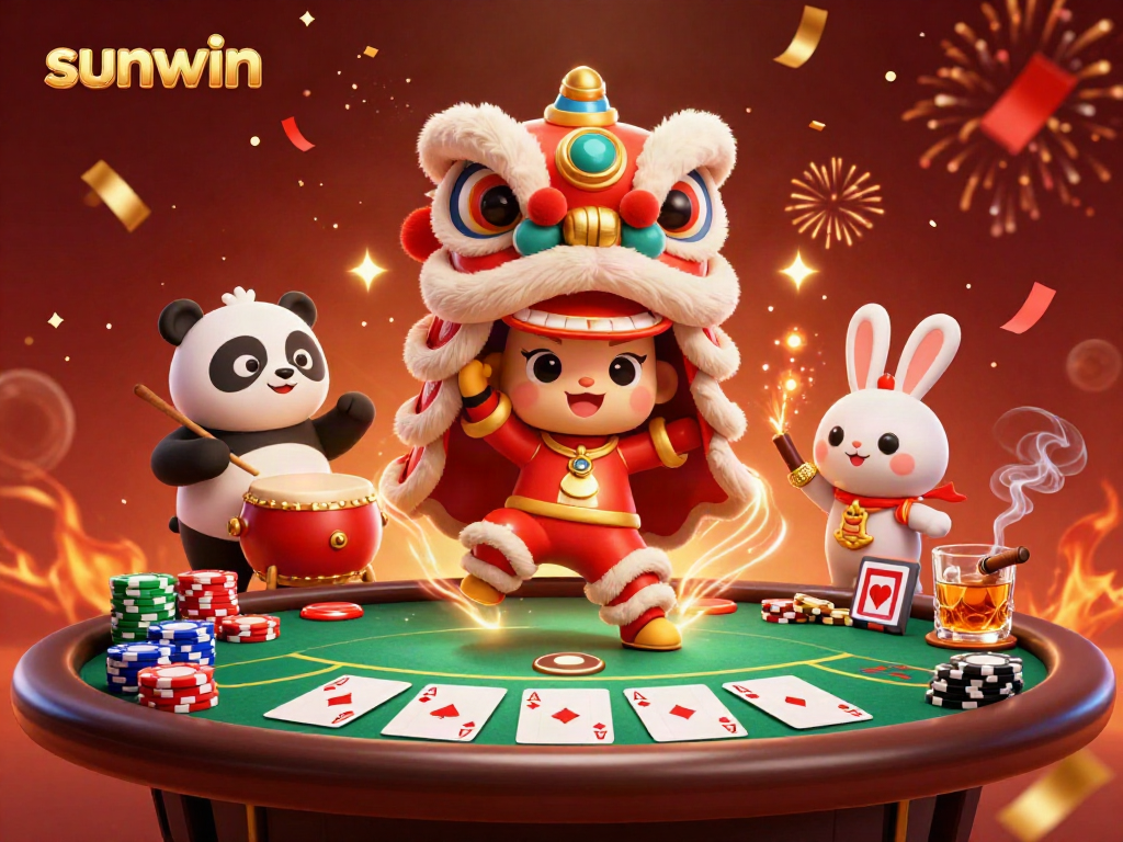 Experience the excitement of sunwin with a vibrant 3D lion dance scene amidst poker elements and festive decorations.