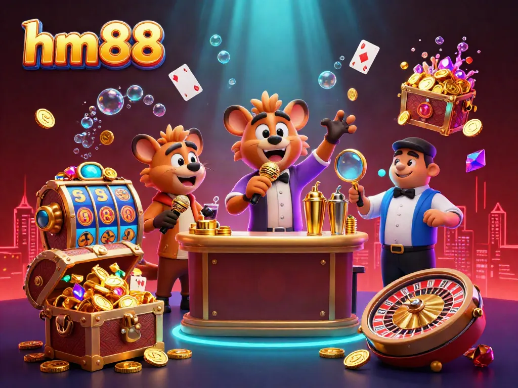 Experience the lively atmosphere of hm 88 casino with animated hyenas engaging in comedy and cocktails.
