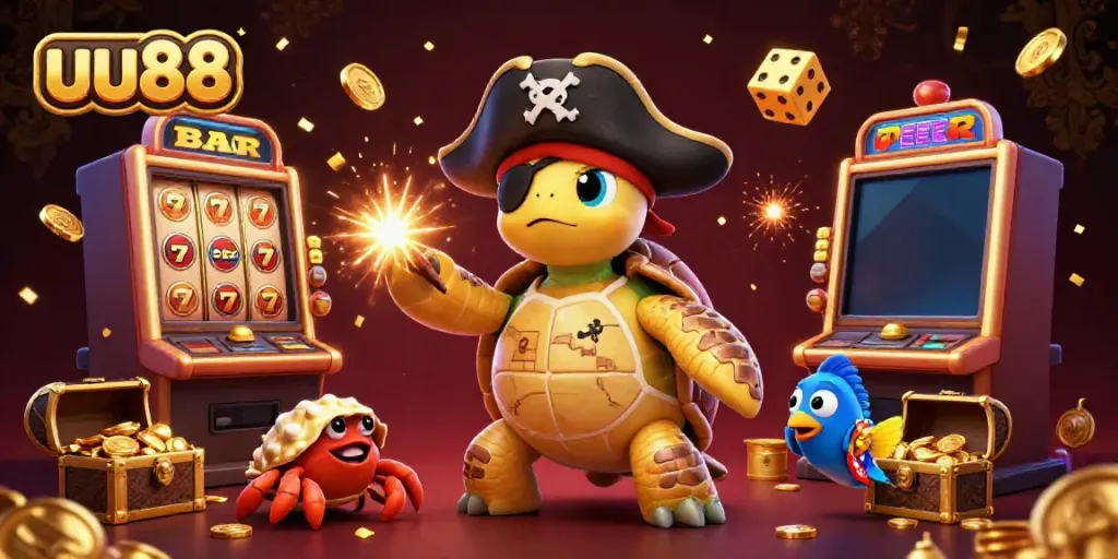 Experience thrilling wins at uu88 with a pirate turtle, treasure, and casino excitement.