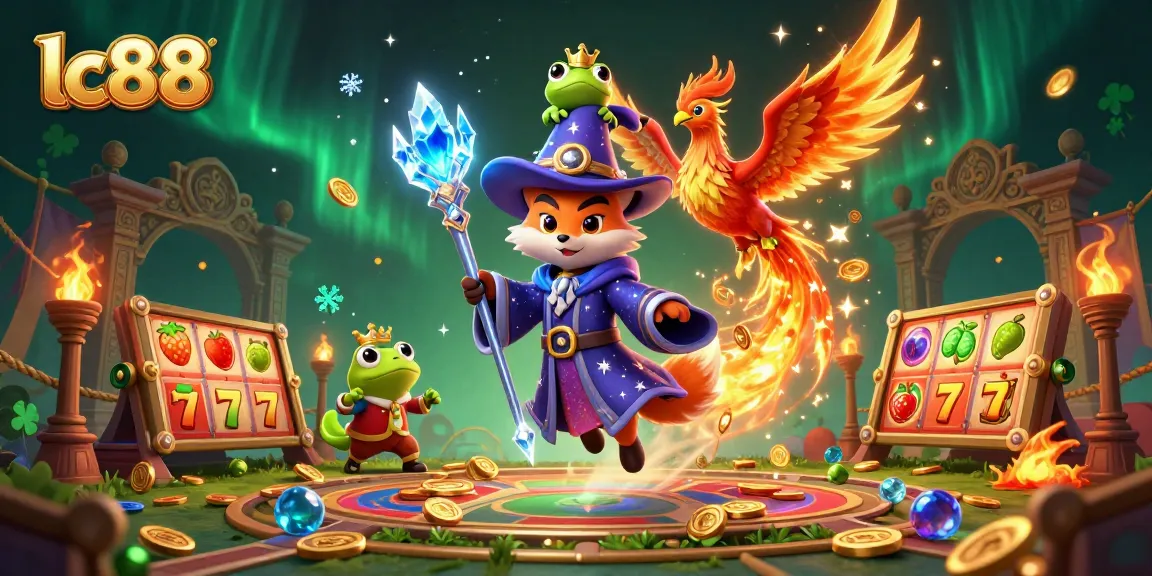 Play with lc88 in an engaging casino setting featuring a wizard fox, phoenix, and enchanted elements.