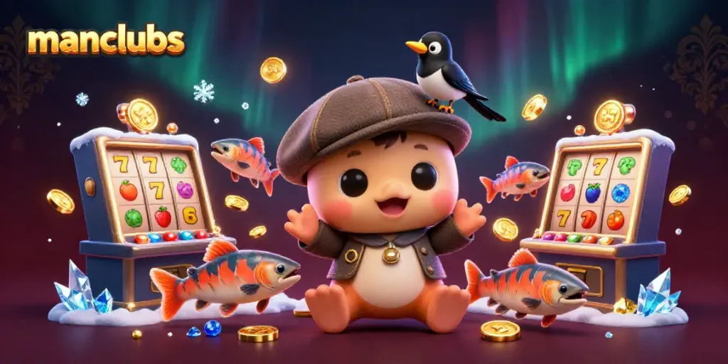 Play and win with manclubs as cartoon characters explore a vibrant casino scene.