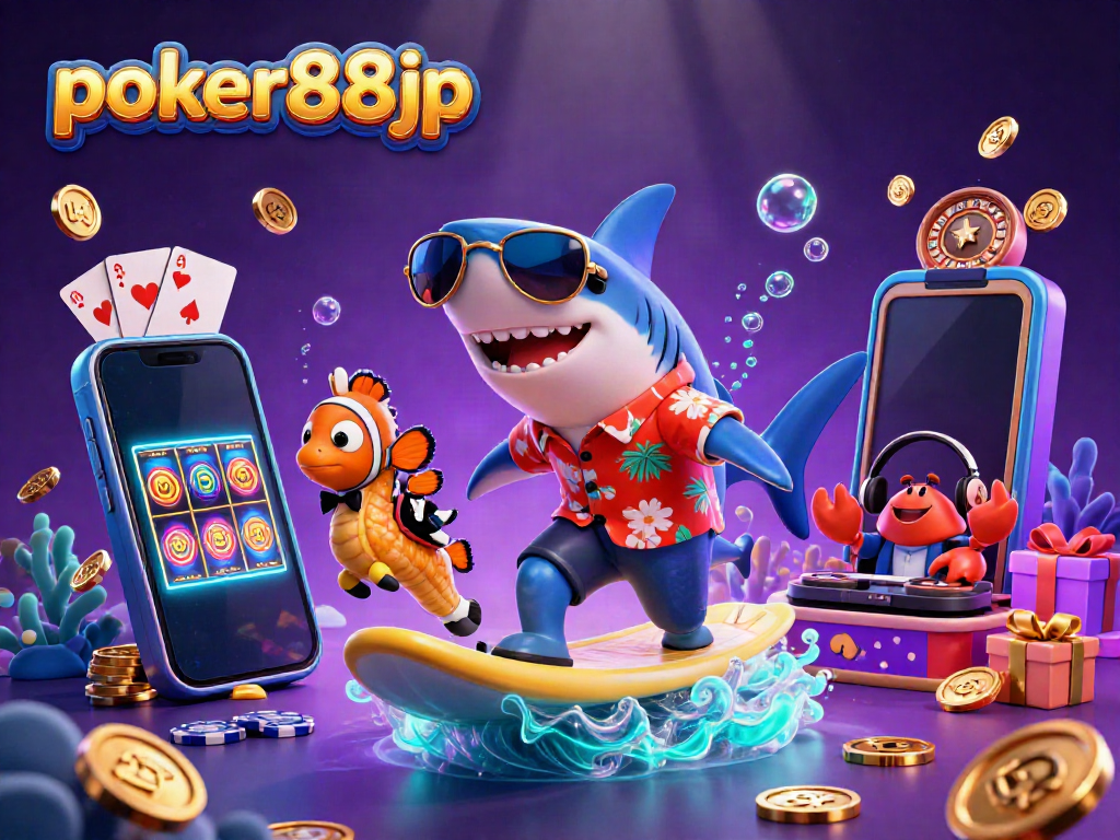 Engage with poker88jp by winning big represented through playful underwater characters surfing on gold coins.