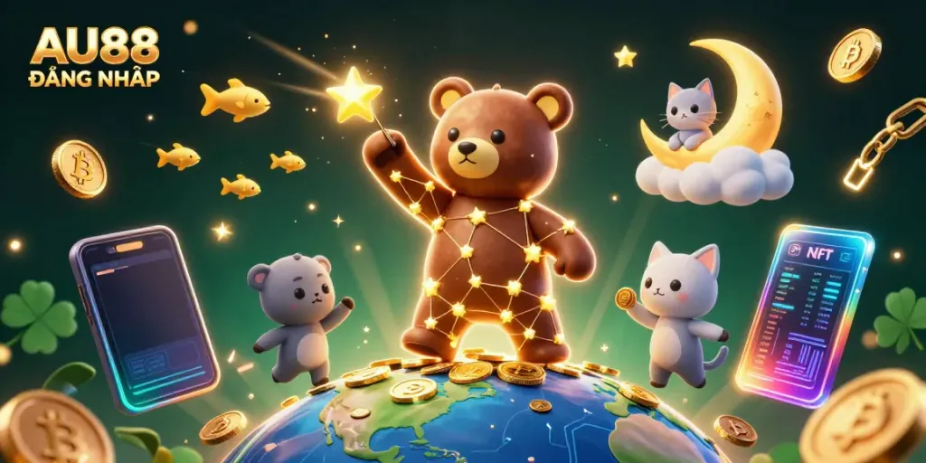 Play exciting casino games with AU88 ĐĂNG NHẬP, featuring vibrant characters and cryptocurrency elements in a rich, engaging scene.