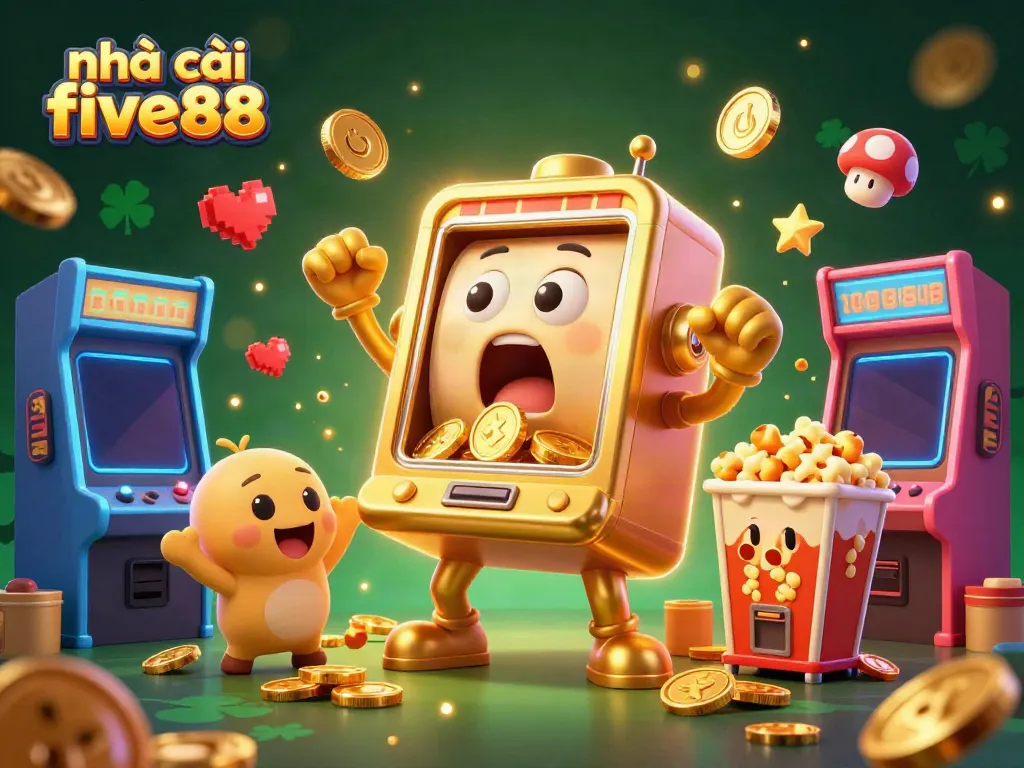Golden slot machine celebrating a jackpot, representing nhà cái five88, with dynamic gaming elements around.