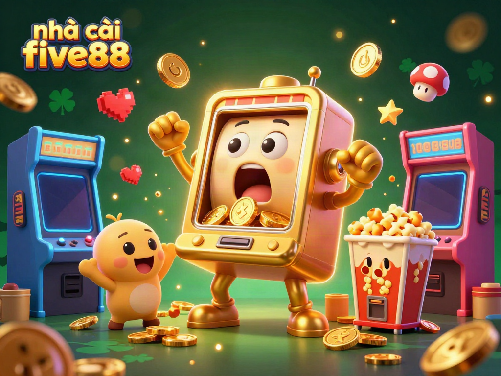 Golden slot machine celebrating a jackpot, representing nhà cái five88, with dynamic gaming elements around.