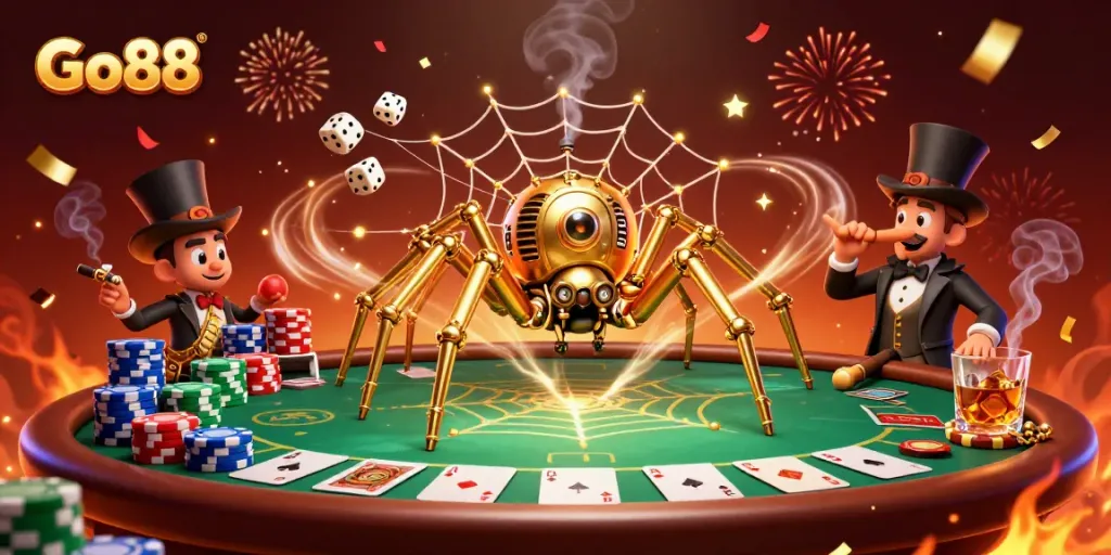 Experience Go88's thrilling card games with a golden spider and poker-themed elements.