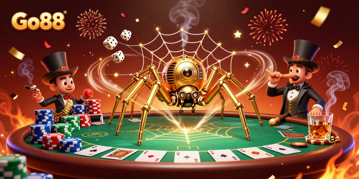 Experience Go88's thrilling card games with a golden spider and poker-themed elements.