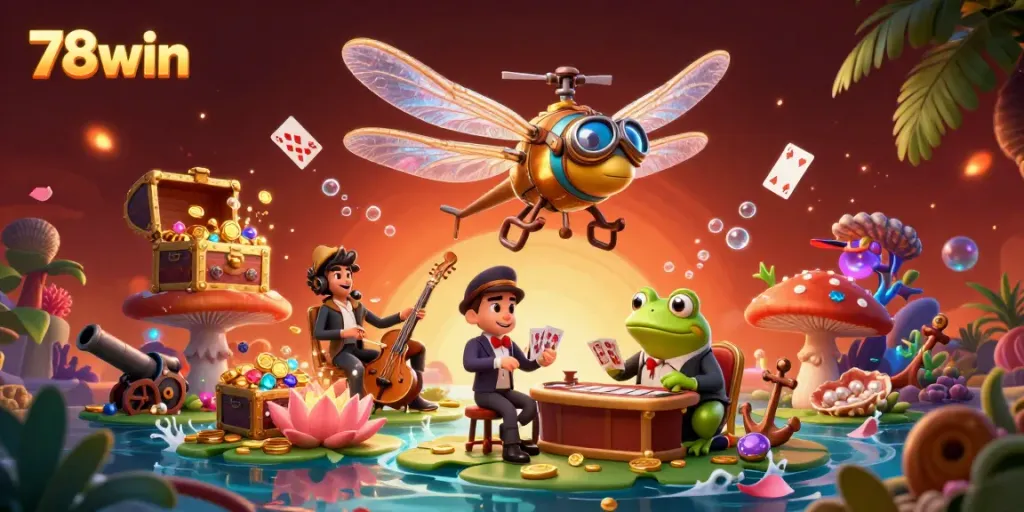 Engage in the vibrant 78win casino scene featuring a frog croupier dealing cards amidst colorful underwater treasures.