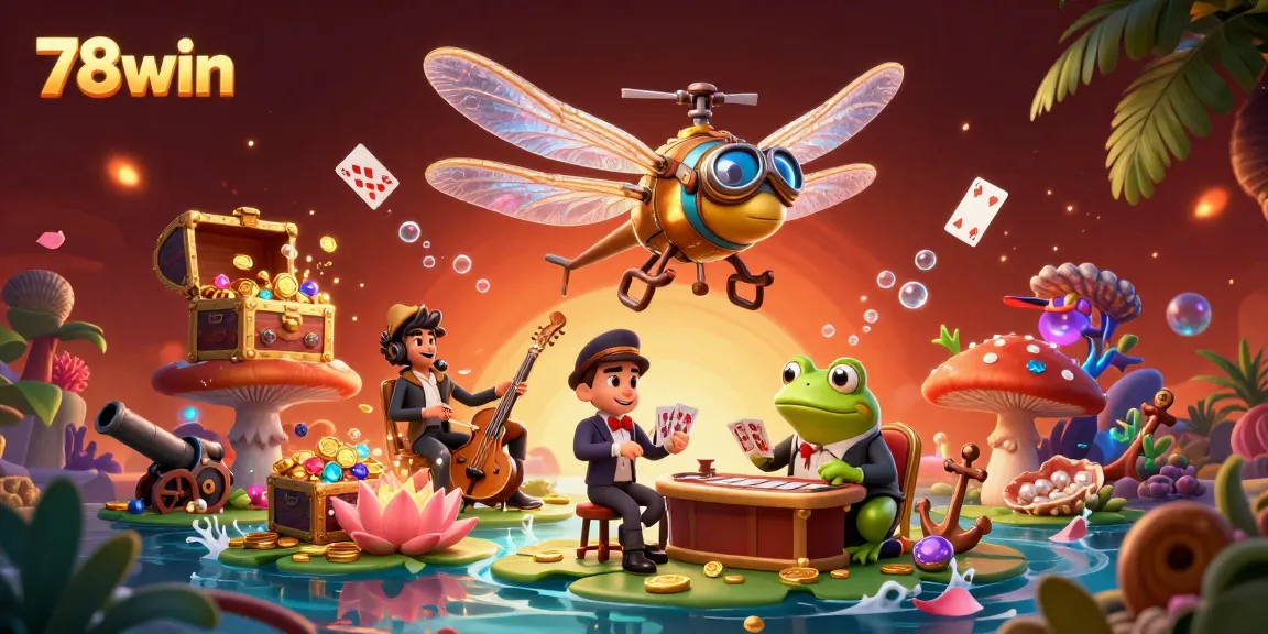Engage in the vibrant 78win casino scene featuring a frog croupier dealing cards amidst colorful underwater treasures.