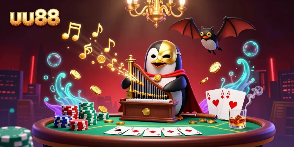 Experience thrilling gameplay at uu88 with this vibrant casino scene of a penguin orchestrating a golden coin symphony.