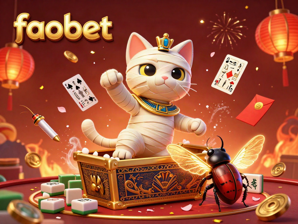 Fabet players enjoy thrilling online casino experiences with the Egyptian mummy cat illustration.
