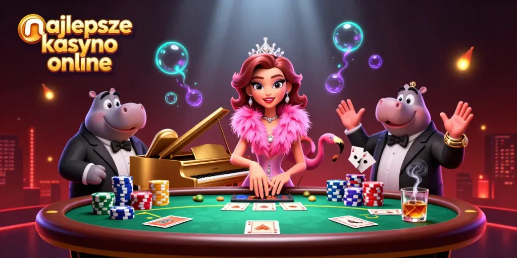 Experience najlepsze kasyno online with dynamic casino scene filled with vibrant characters and gaming elements
