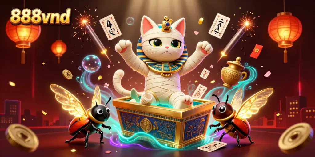 Play exciting games at 888vnd, featuring vibrant scenes of action and luck with animated characters and elements.