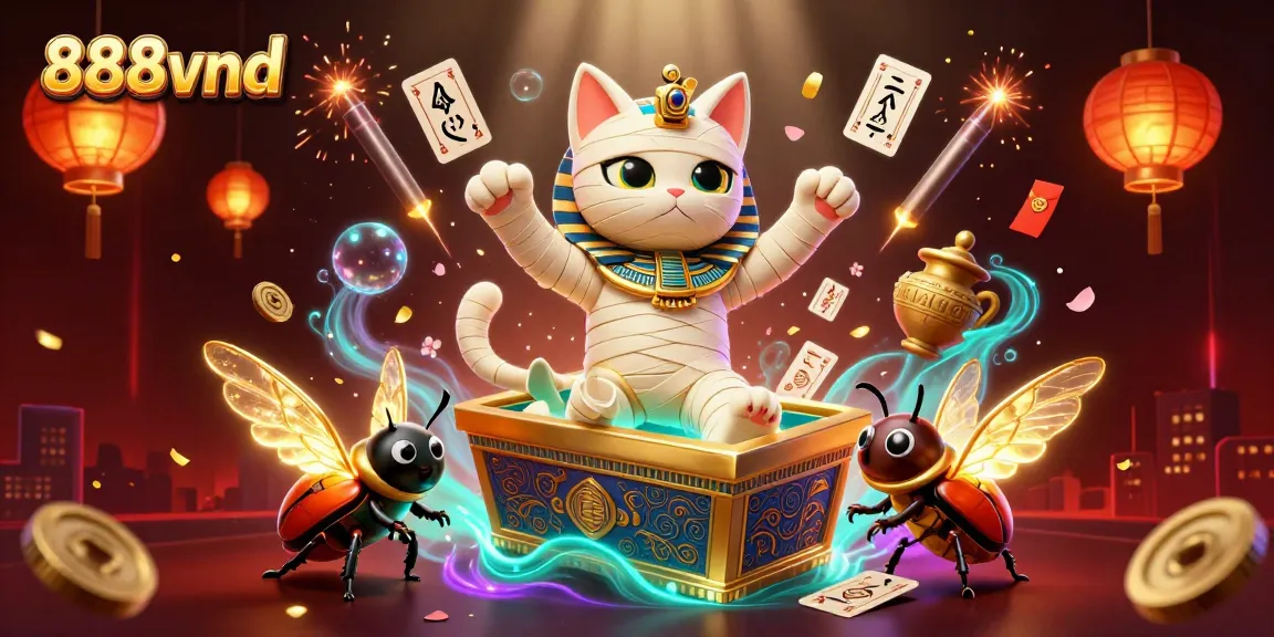 Play exciting games at 888vnd, featuring vibrant scenes of action and luck with animated characters and elements.