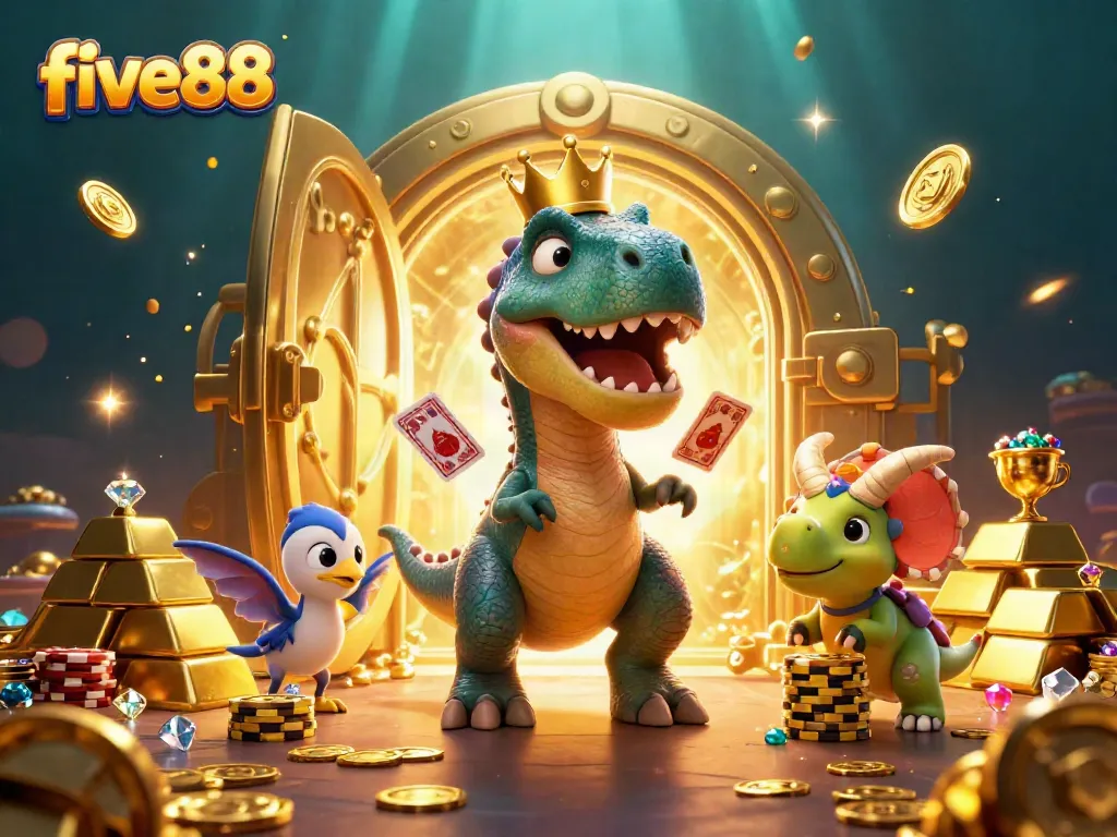 Engage in thrilling casino excitement with five88 featuring a T-Rex and triceratops in a vibrant, gold-filled scene.