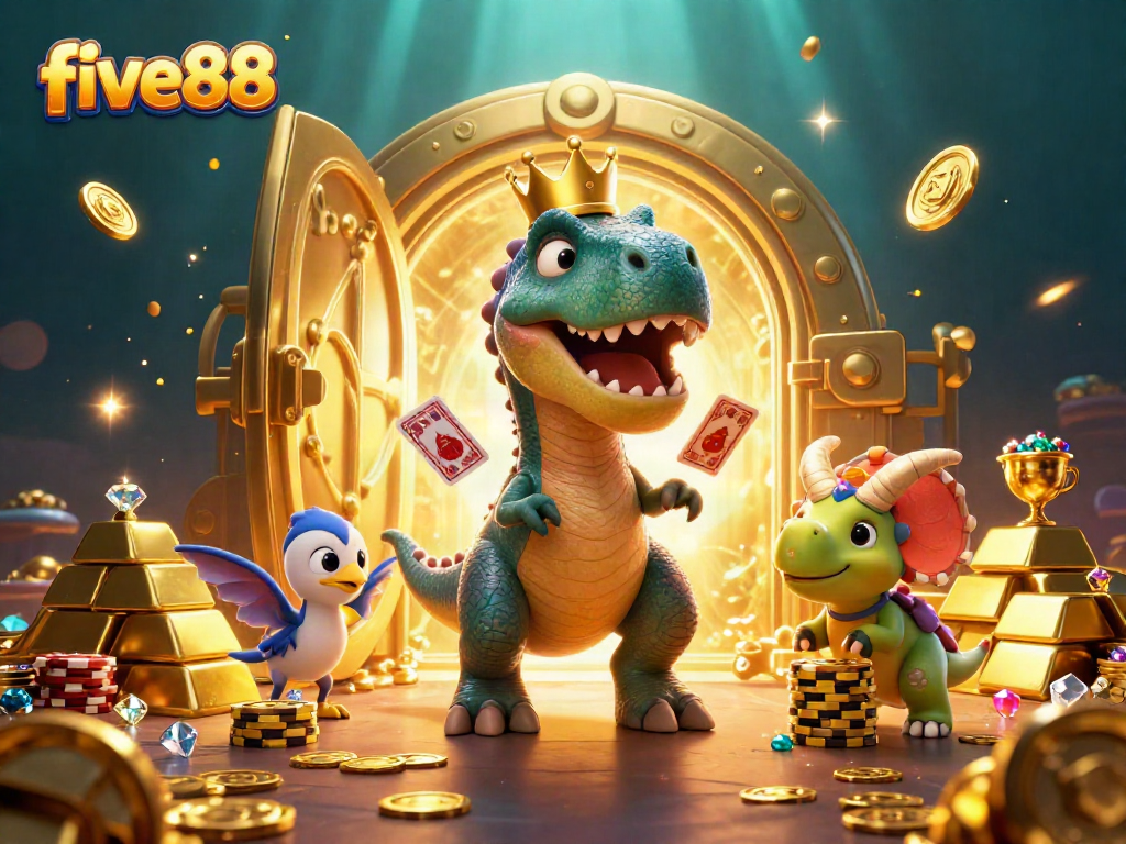 Engage in thrilling casino excitement with five88 featuring a T-Rex and triceratops in a vibrant, gold-filled scene.