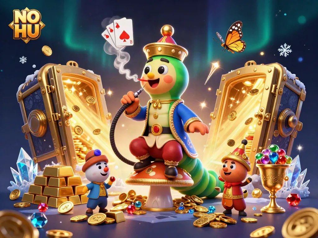 Engaging NO HU gambling scene with a caterpillar master and gem-filled treasures.