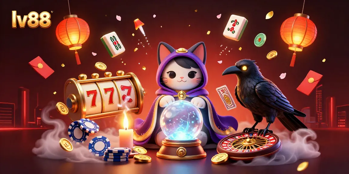 Experience lively gaming with lv88's vibrant 3D illustration showcasing a mystical cat and playful gambling icons.