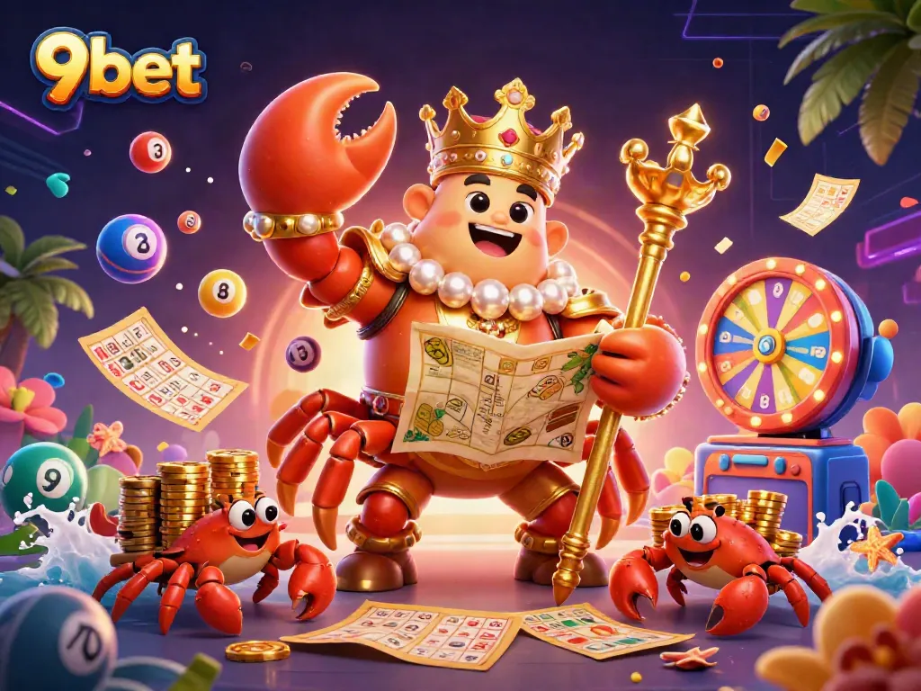 Engage with the exciting world of 9bet, featuring a vibrant golden crab emperor and lottery elements in a dynamic casino scene.