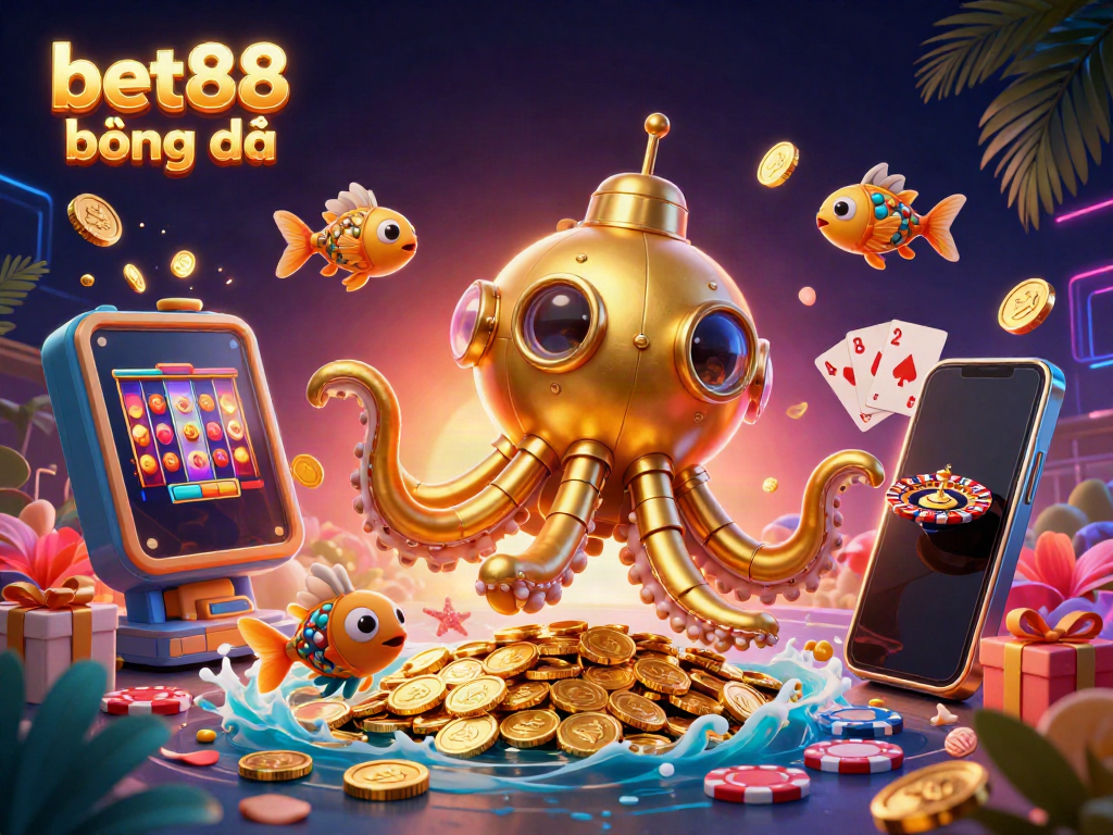 Experience the excitement of bet88 bóng đá as a kraken submarine emerges in a sea of golden coins, surrounded by gaming elements.