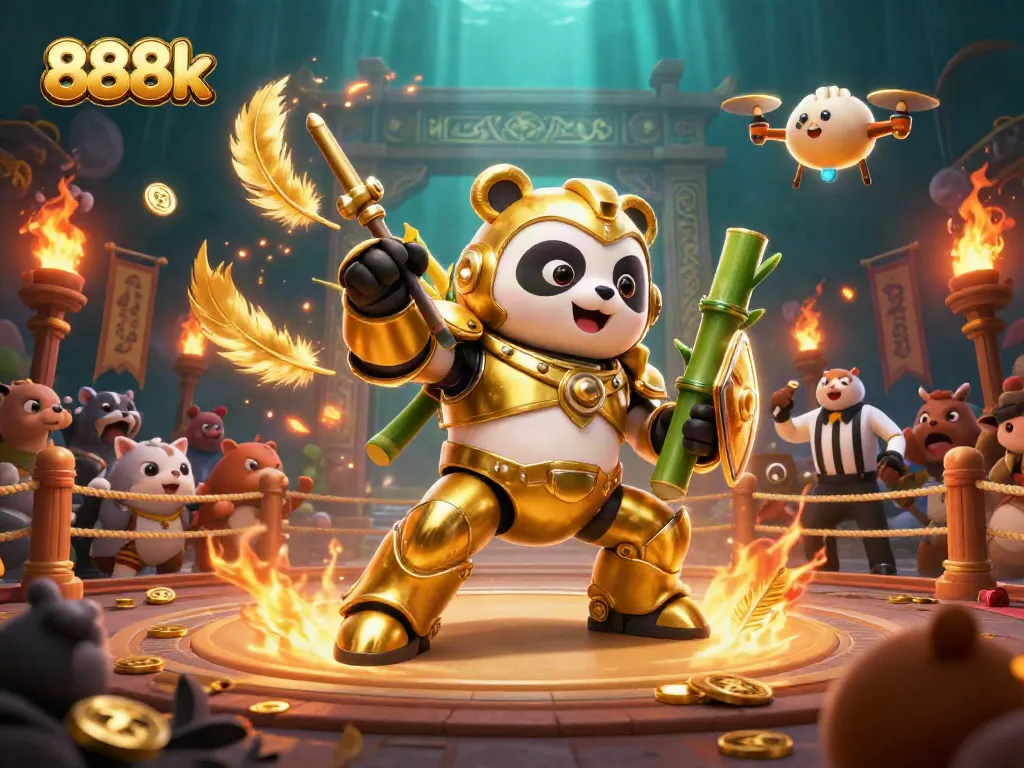 Experience the thrilling atmosphere of 888k with a dynamic mech-suit panda battling in a vivid casino arena.