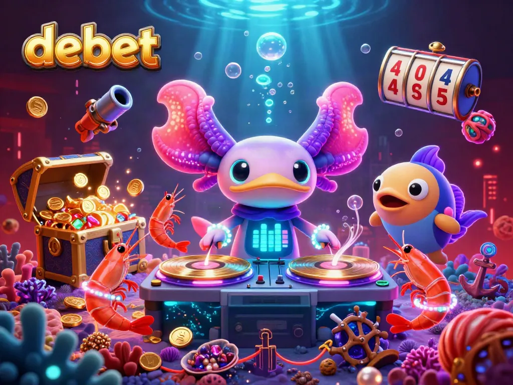 Experience the thrill of debet casino gaming with vibrant 3D cartoon axolotl DJ and aquatic creatures.