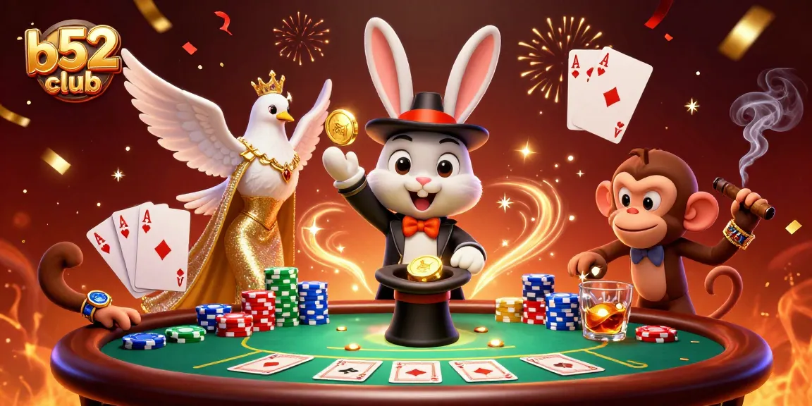 Engage with b52club's vibrant casino scene featuring a magician rabbit, dove, and monkey, capturing jackpot excitement.
