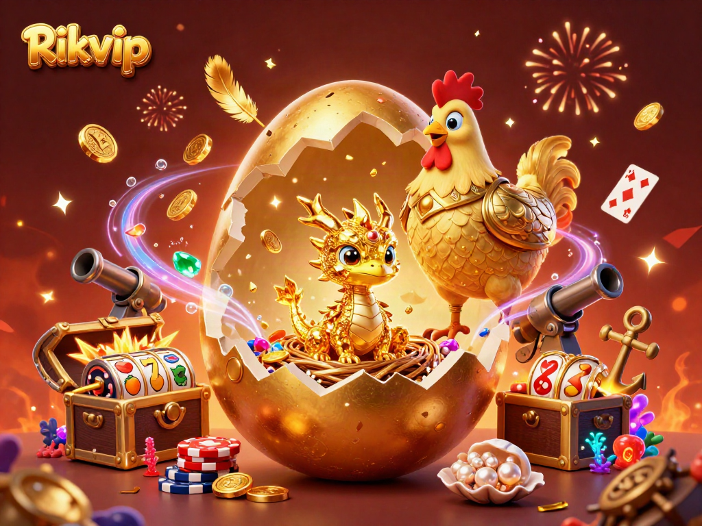 Rikvip captivating online casino scene with a golden dragon and poker chips bursting with treasure.