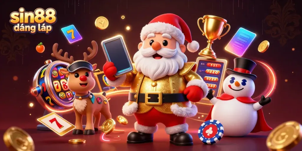 Experience sin88 đăng nhập with Santa, a reindeer dealer, and a poker chip snowman in a lively casino.