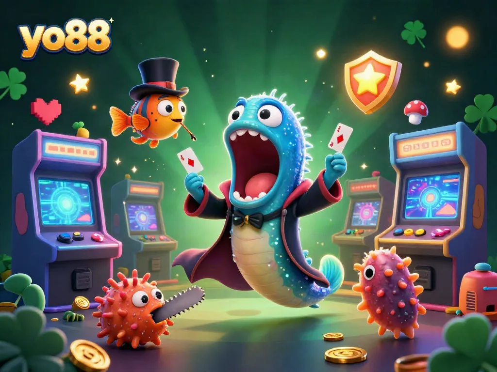 yo88 showcases a vibrant 3D casino scene with a bioluminescent eel performing tricks, creating engaging excitement.